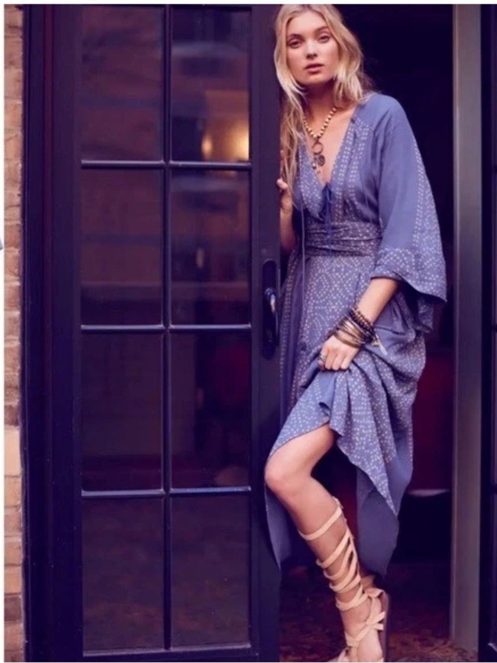 FREE PEOPLE Blue Modern Kimono Sleeve V-Neck Lace-Up Maxi Midi Dress SZ 4